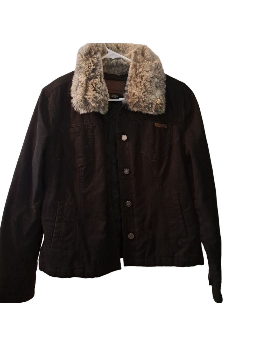CALVIN KLEIN quilted black jacket faux fur collar black grey button ladies MED
